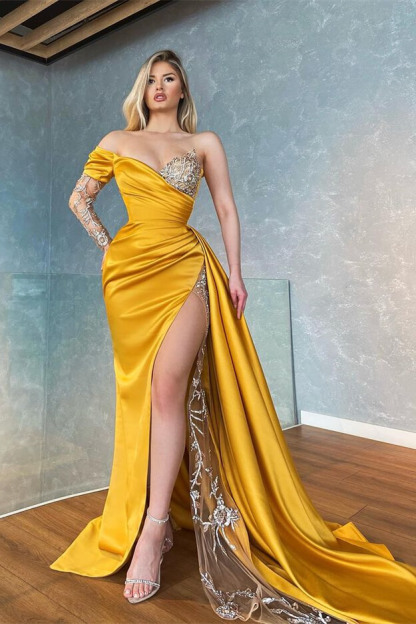 Bmbridal Long Sleeves Yellow Prom Dress Mermaid Split With Sequins Beads