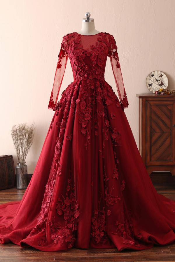 BMbridal Elegant Long Sleeve Burgundy Prom Dress Lace Evening Gowns