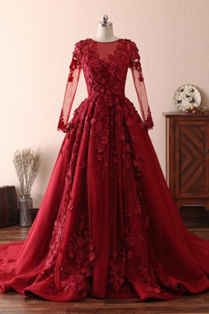 BMbridal Elegant Long Sleeve Burgundy Prom Dress Lace Evening Gowns
