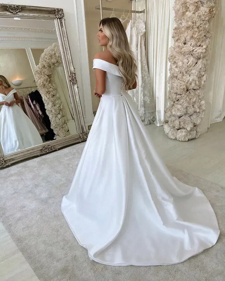 Gorgeous Satin Long A-Line Off-the-Shoulder Wedding Dress