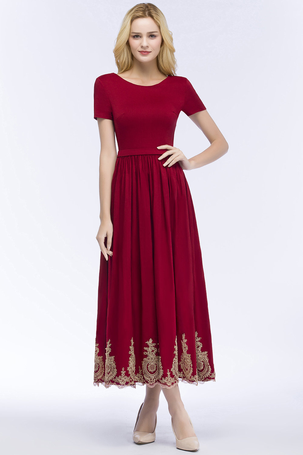 BMbridal A-line Short Sleeves Ankle Length Appliques Prom Dress with Sash Online