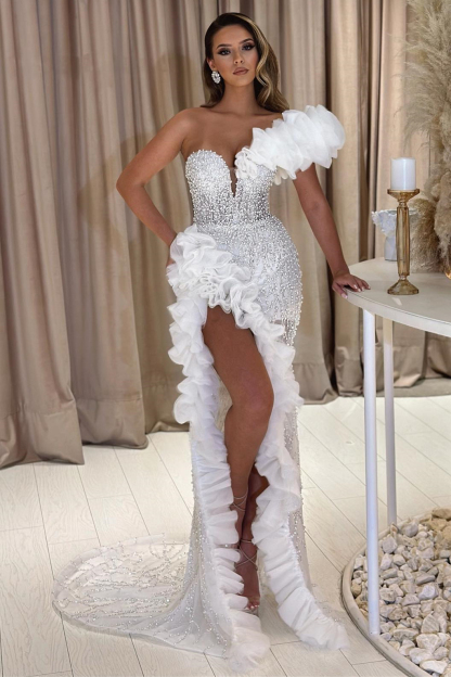 White Off-the-Shoulder Mermaid Evening Dress Ruffles High Split With Beads