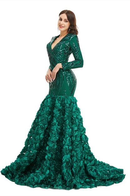 Bmbridal Long Sleeves V-Neck Prom Dress Mermaid Sequins With Flowers Bottom