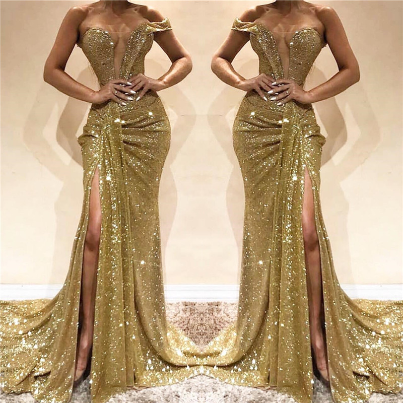 Bmbridal Gold Off-the-Shoulder Prom Dress Sequins Long Slit Online