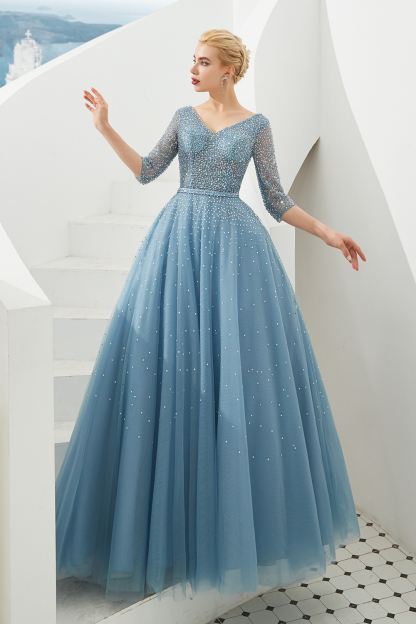 BMbridal Dusty Blue V-Neck Half-Sleeve Prom Dress Long With Beadings Lace-up