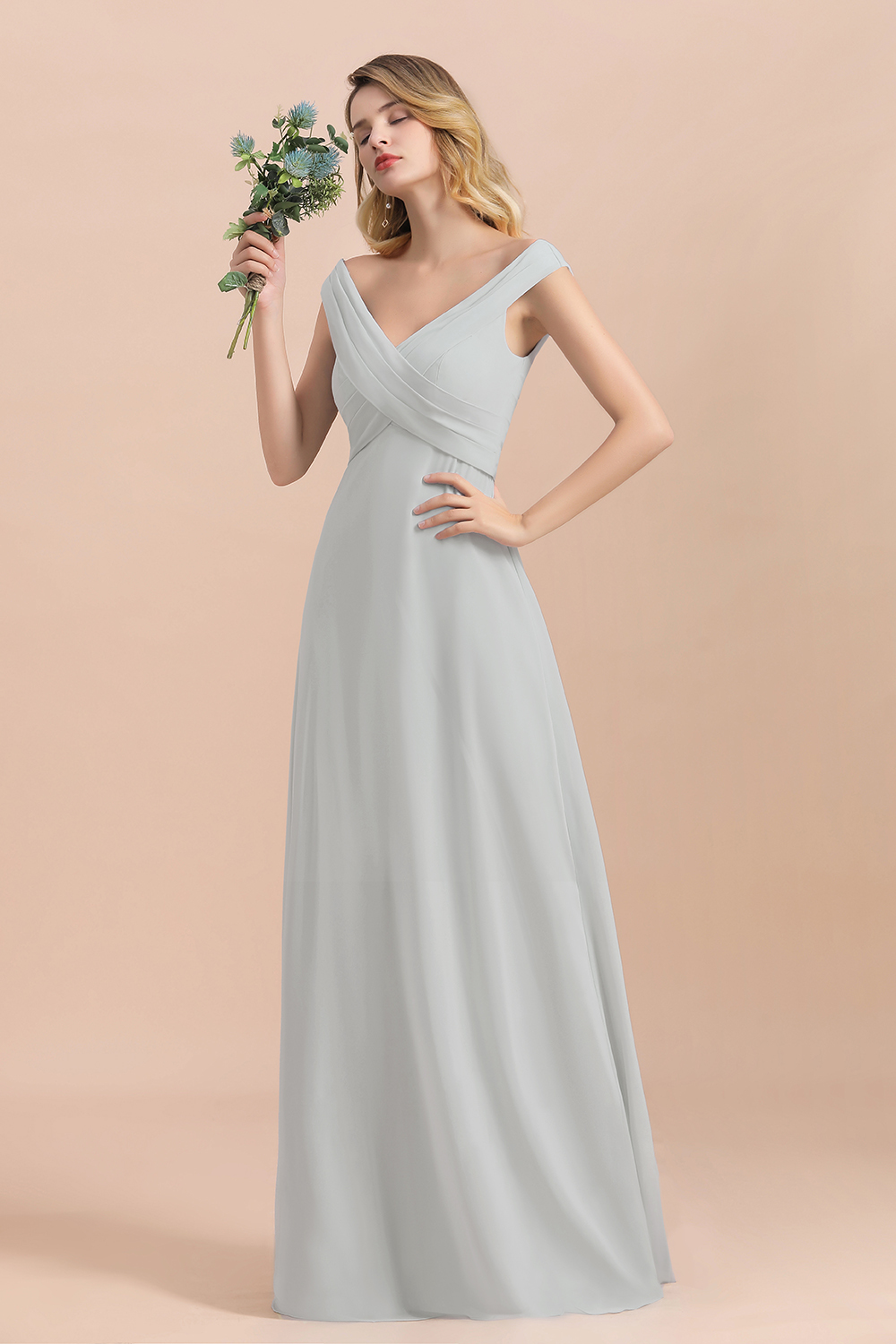 BMbridal Modest Off-the-Shoulder Mist Chiffon Bridesmaid Dresses with Pleats-BMbridal