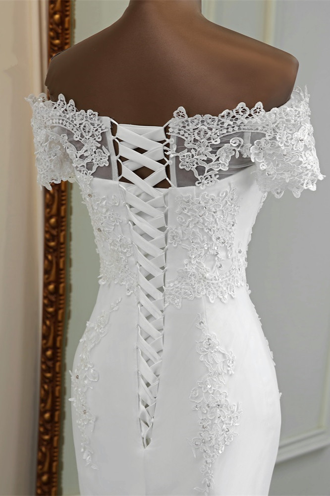 BMbridal Gorgeous Off-the-Shoulder Lace Mermaid Wedding Dresses Short Sleeves Rhinestons Bridal Gowns-BMbridal