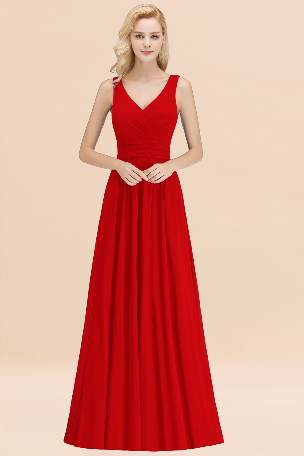 BMbridal Modest Sleeveless V-Neck Long Chiffon Bridesmaid Dress Online with Ruffle-BMbridal