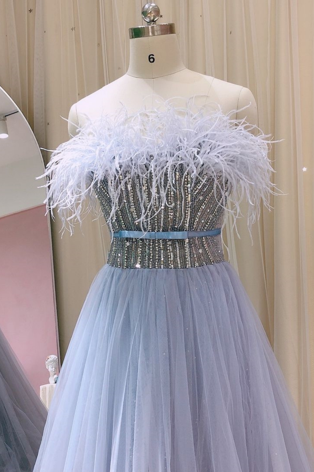 Bmbridal Lavender A-Line Strapless Sleeveless Tulle Prom Dresses with Appliques