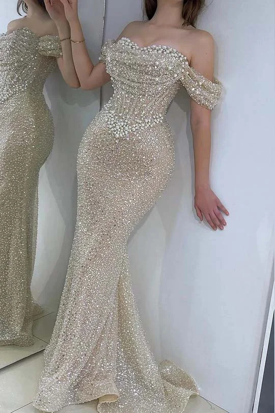 Off the Shoulder Strapless Sleeveless Long Prom Dress With Sequins
