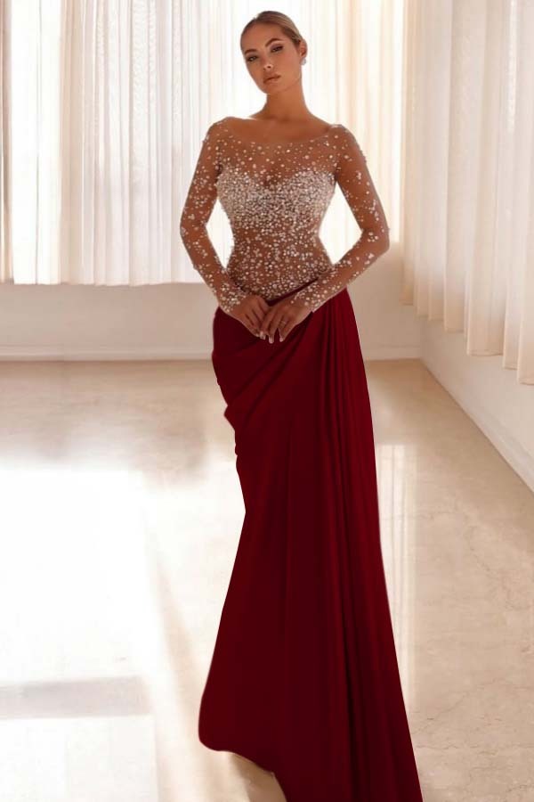 Jewel Neck Long Sleeves Long Mermaid Prom Dress With Pleated