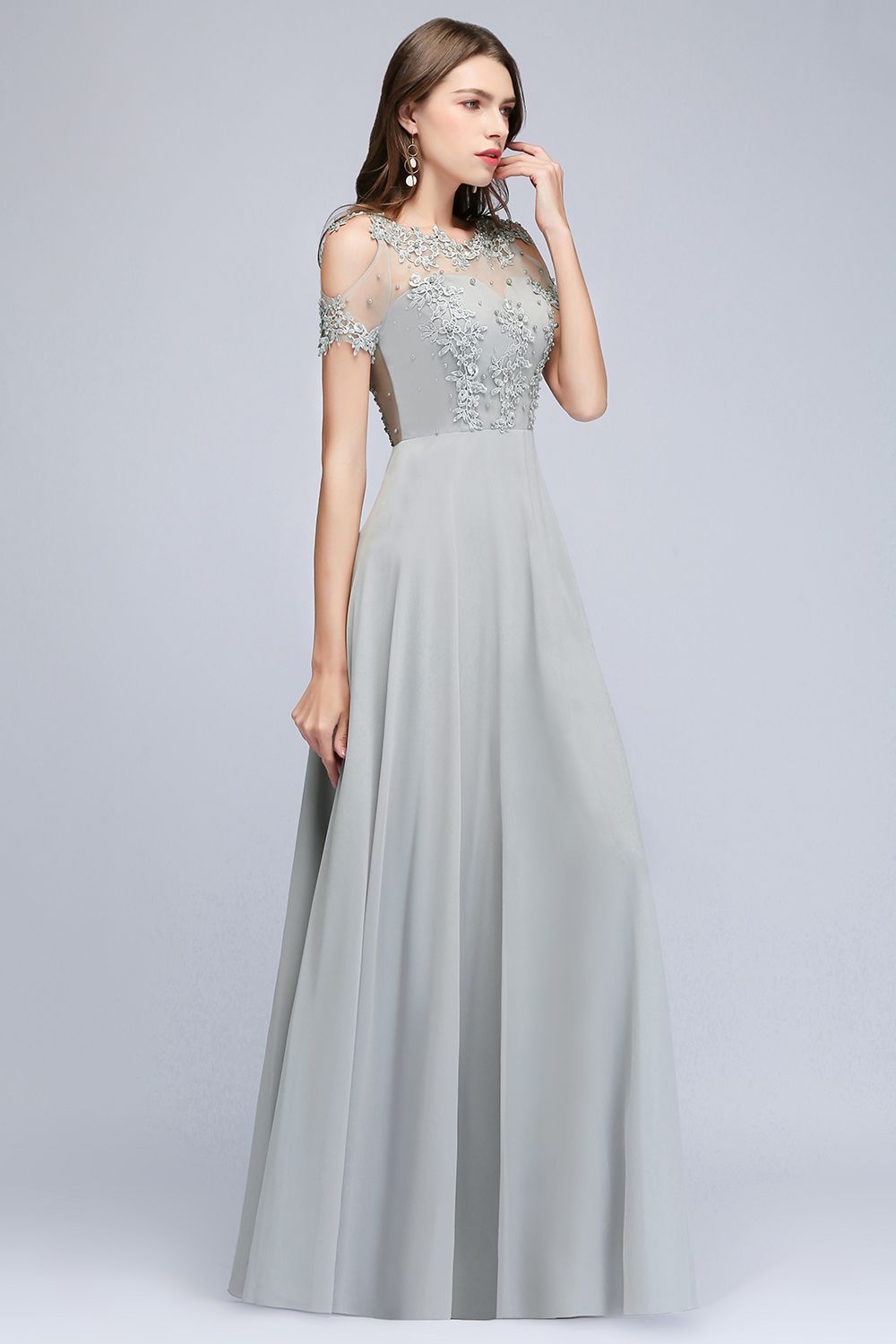 BMbridal Short Sleeve Lace Appliques Long Prom Party Dress