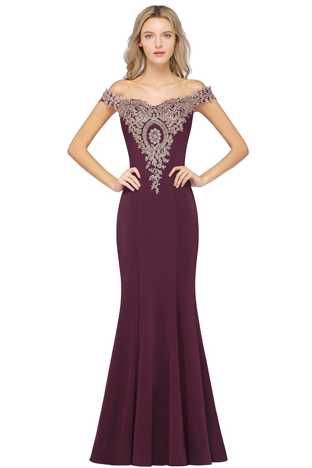 BMbridal Elegant Off-the-Shoulder Mermaid Prom Dress Long With Lace Appliques