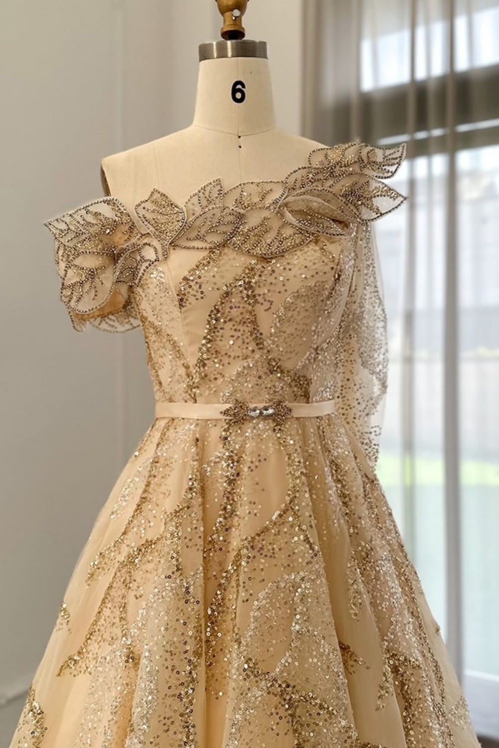 Bmbridal A-Line Champagne Strapless Tulle One Shoulder Prom Dresses with Ruffles