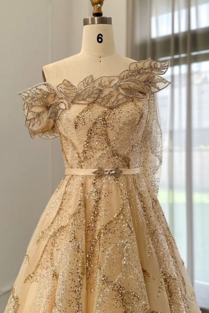 Bmbridal A-Line Champagne Strapless Tulle One Shoulder Prom Dresses with Ruffles