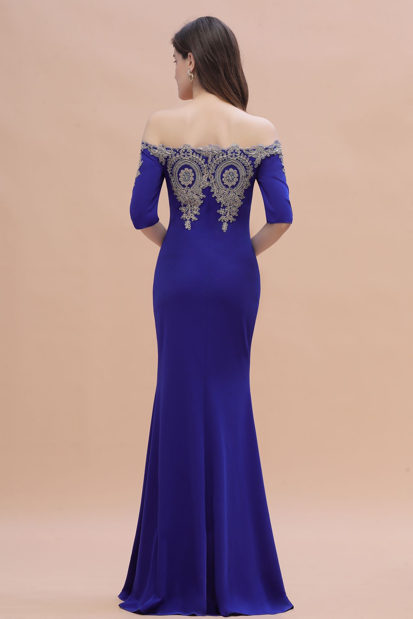 BMbridal Mermaid Off-Shoulder Chiffon Lace Half Sleeve Evening Dress
