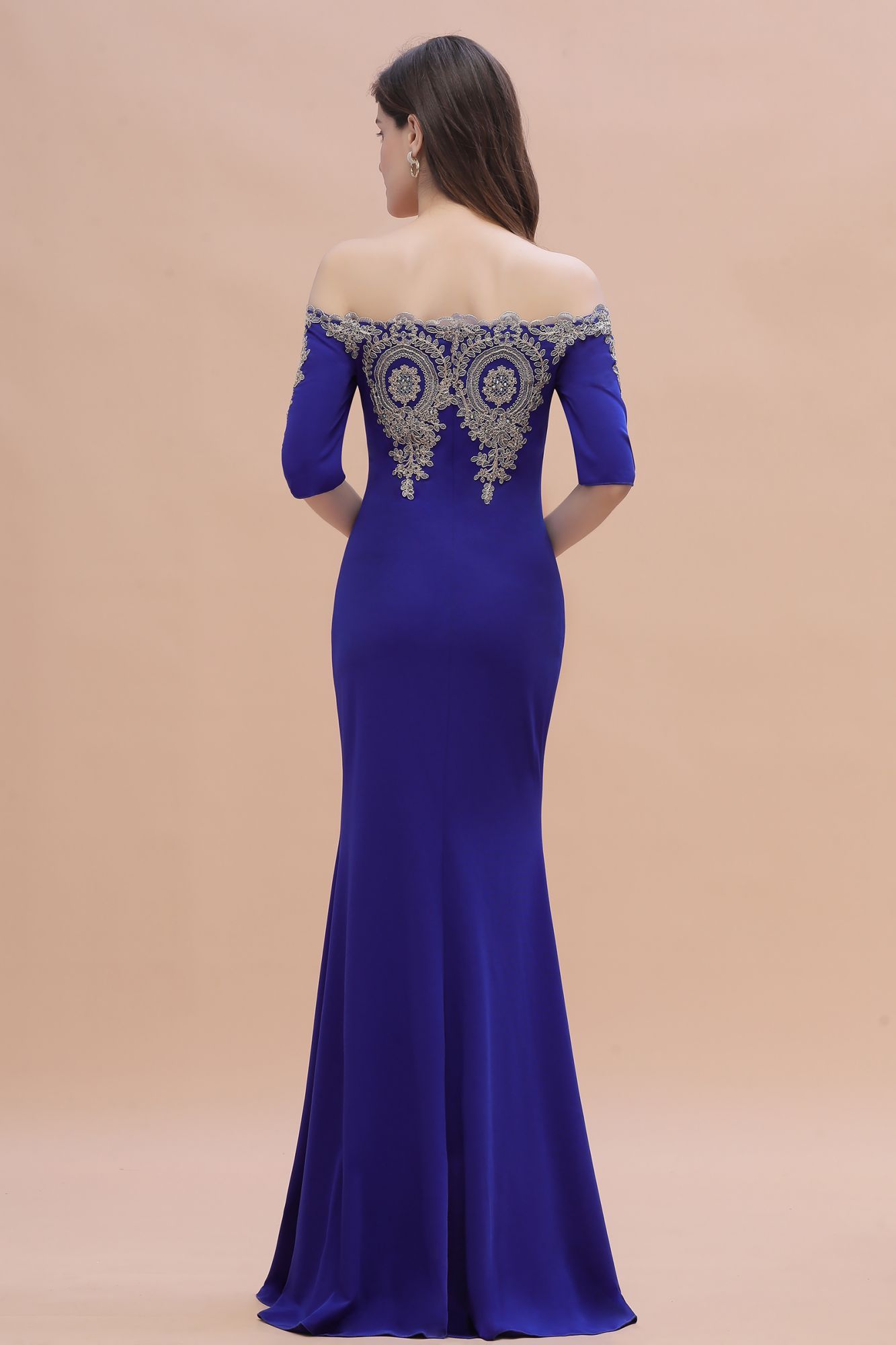 BMbridal Mermaid Off-Shoulder Chiffon Lace Half Sleeve Evening Dress