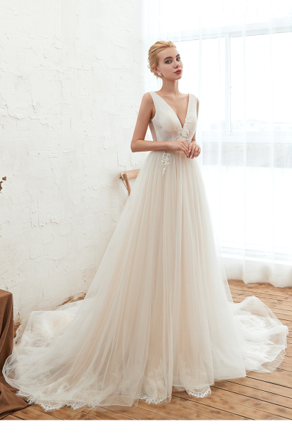BMbridal Affordable Tulle V-Neck Ruffle Long Wedding Dress with Appliques