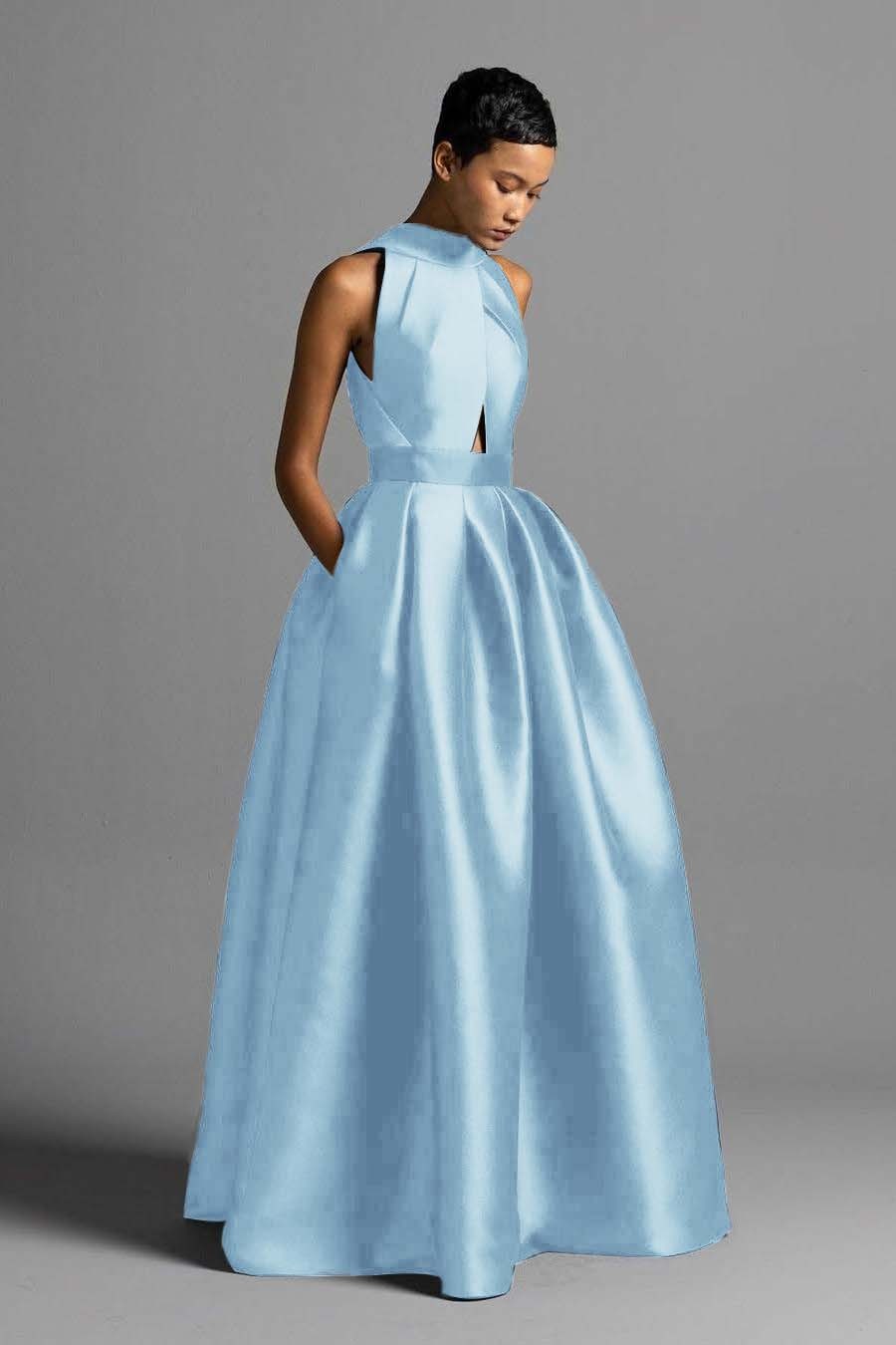 Halter Sleeveless High Waist Long Prom Dress With Pocket Pleated