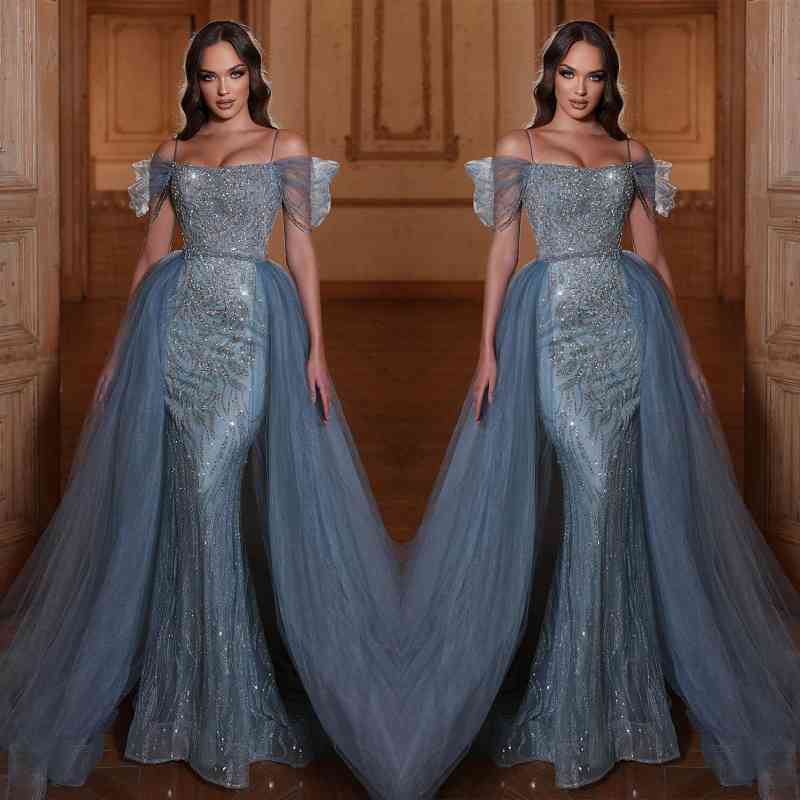 Off the Shoulder Mermaid Prom Dress Tulle Ruffles With Appliques