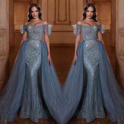 Off the Shoulder Mermaid Prom Dress Tulle Ruffles With Appliques