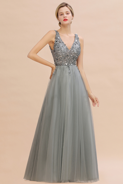 BMbridal Glamorous V-Neck Sleeveless Prom Dress Long Tulle Evening Gowns With Crystals