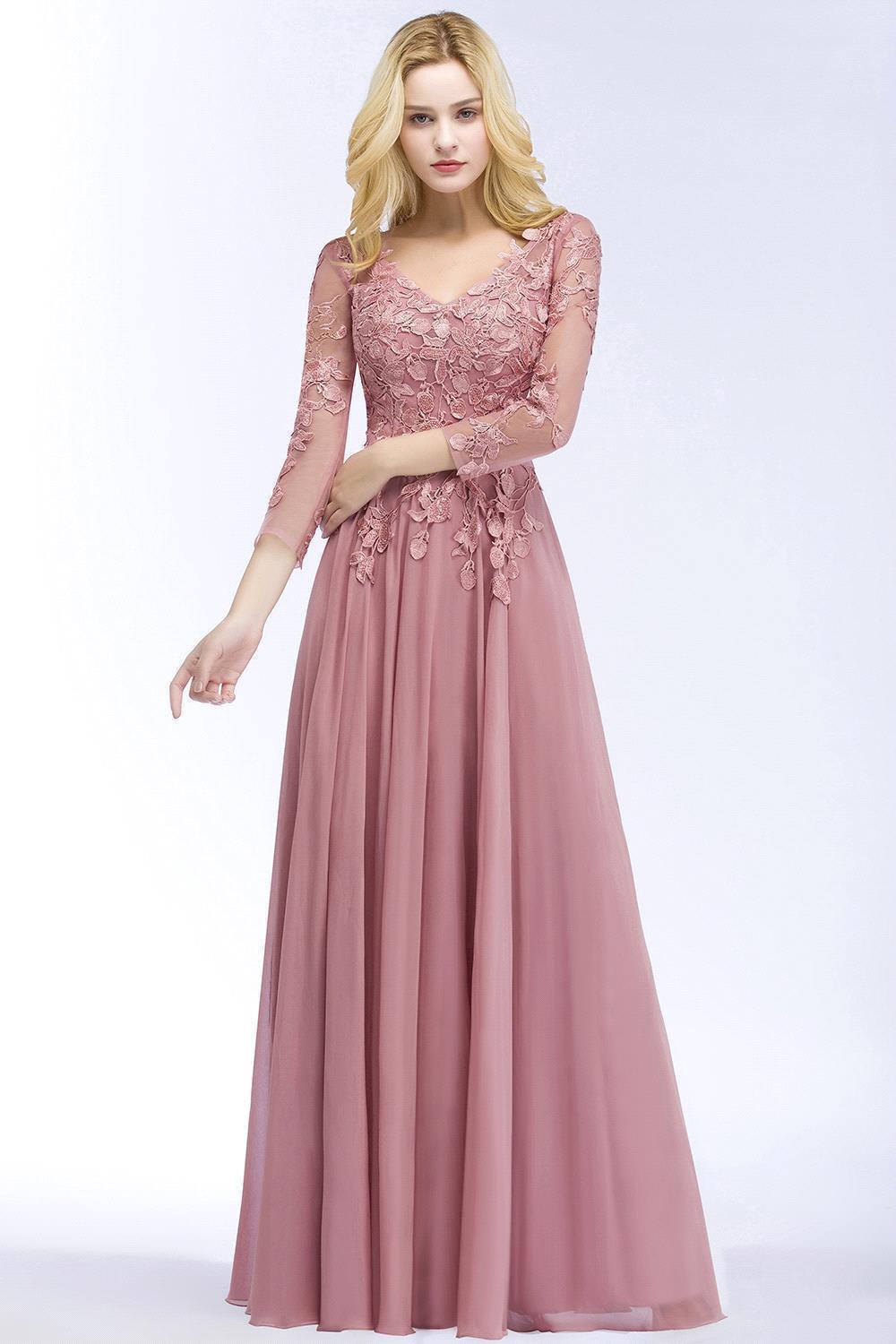 BMbridal Elegant Chiffon Lace Dusty Rose Evening Dress