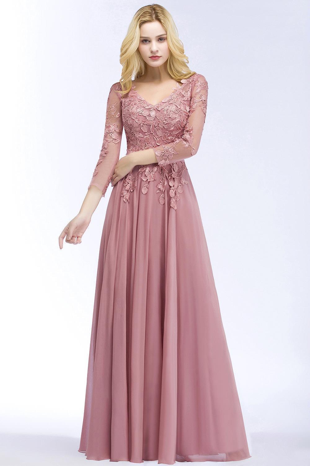 BMbridal Elegant Chiffon Lace Dusty Rose Evening Dress