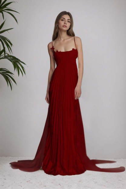 Stain Spaghetti Strap Sleeveless Long Prom Dress With Appliques