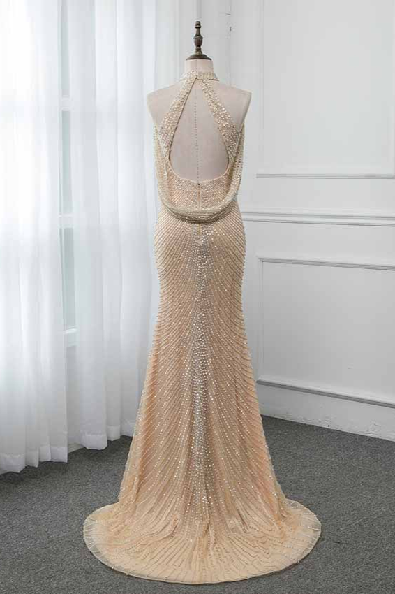 BMbridal Sparkly Crystals High-Neck Prom Dresses with Front Slit Online