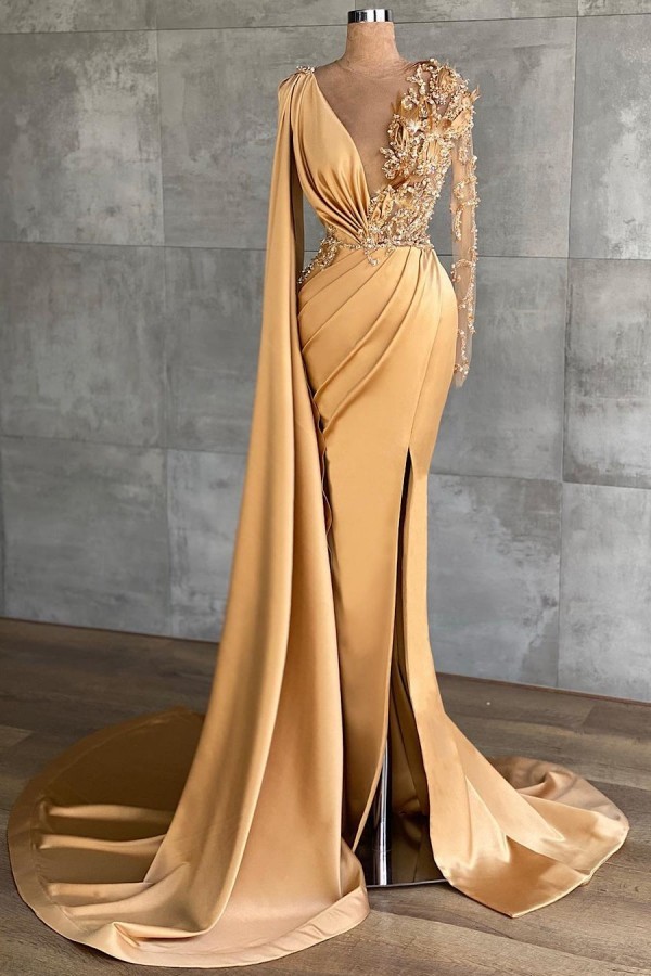 BMbridal Long Sleeves Mermaid Prom Dress Ruffles With Appliques