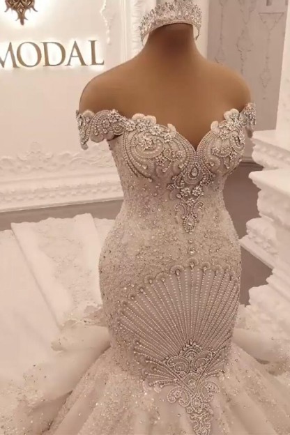 Gorgeous Floor-Length Backless Mermaid Off-The-Shoulder Wedding Dress with Crystal
