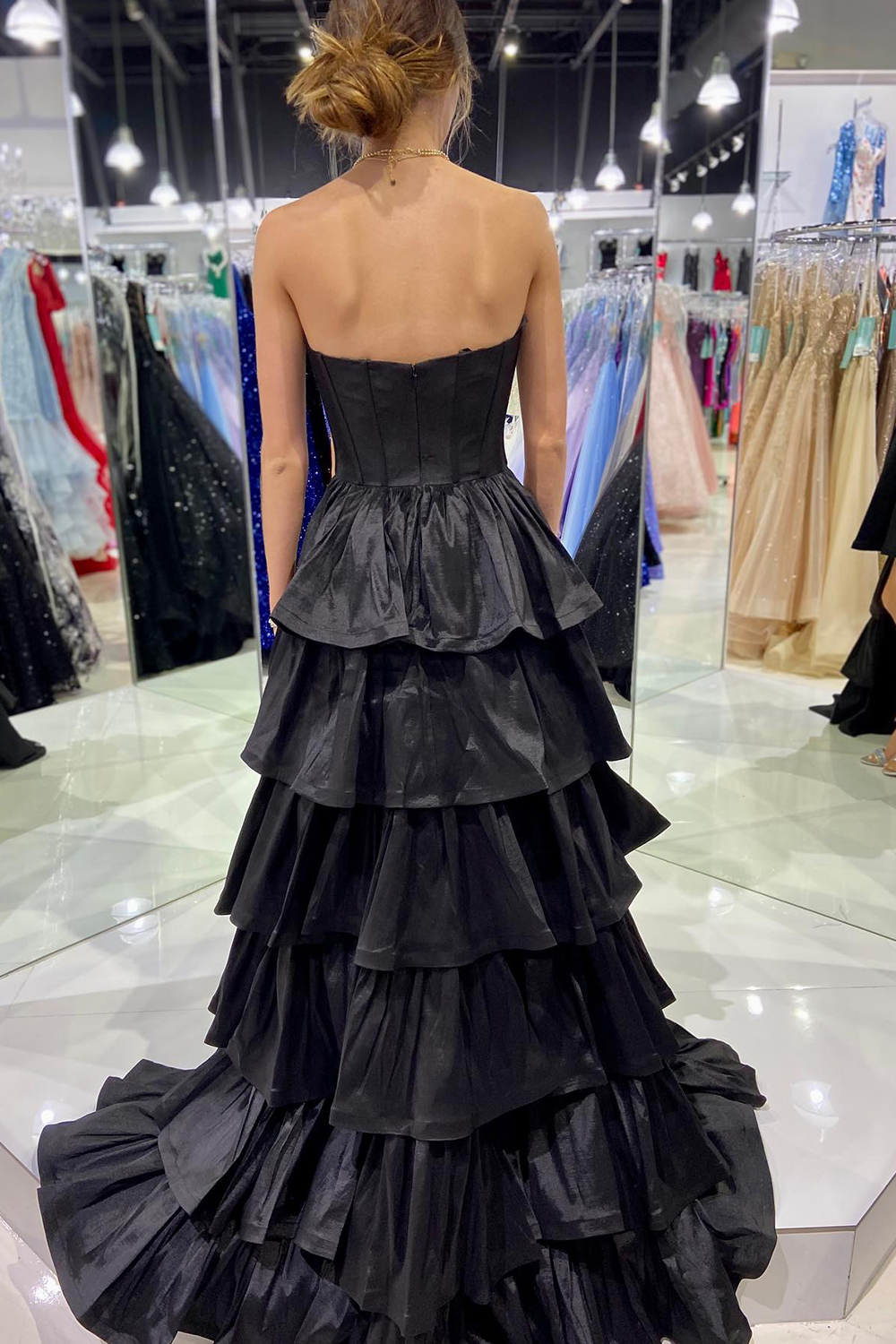 Simple Black A-Line Corset Sweetheart High Low Tiered Prom Dress-BMbridal
