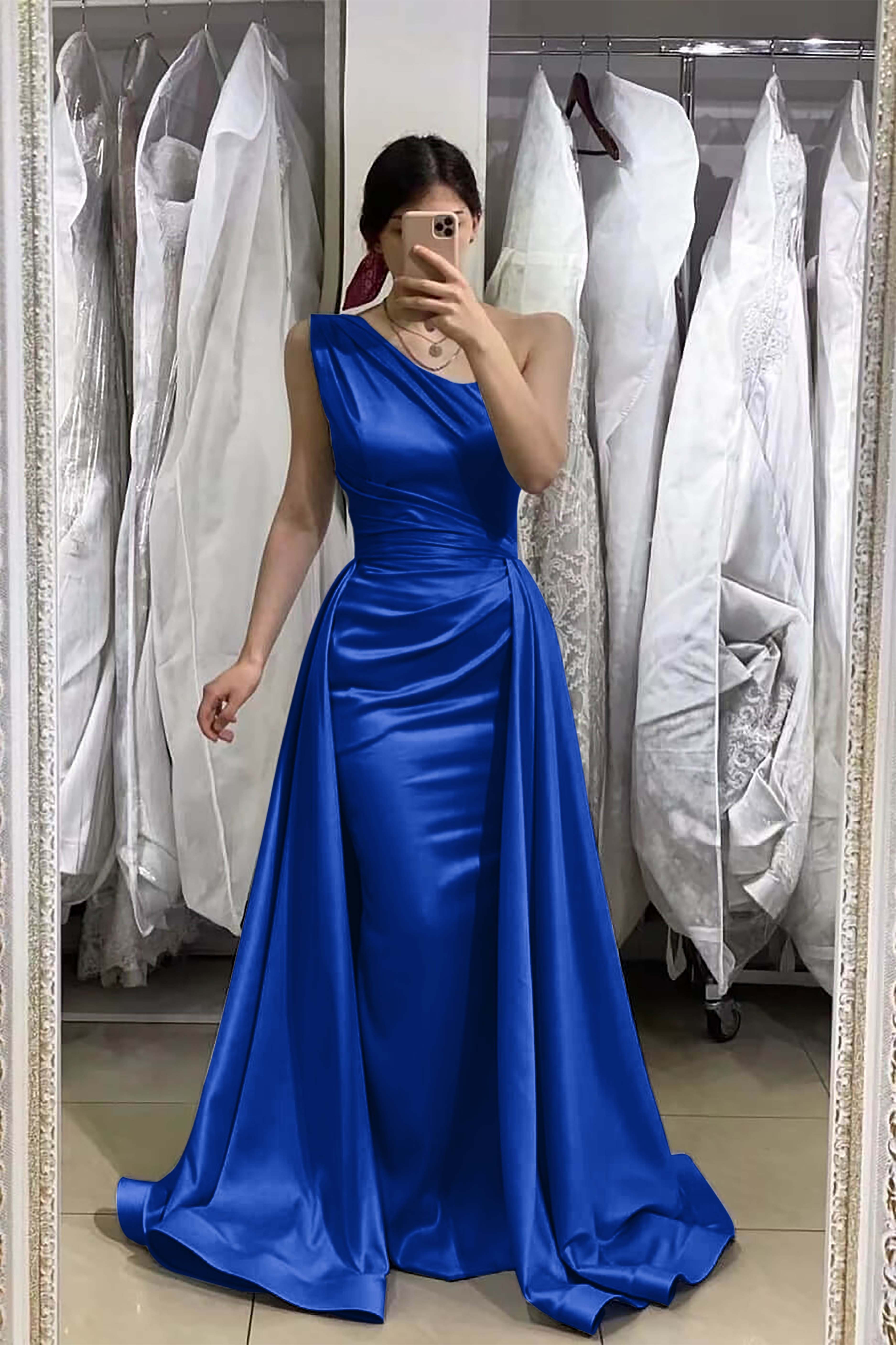 Light Blue Sleeveless Mermaid One Shoulder Long Prom Dress With Detachable Skirt