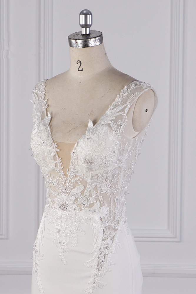 BMbridal Glamorous Mermaid Satin Sleeveless Wedding Dress White Lace Appliques Bridal Gowns with Beadings On sale-BMbridal