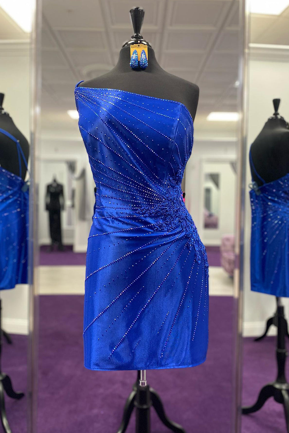Sparkly Royal Blue Sequins One Shoulder Tight Short Homecoming Dress with Lace-BMbridal