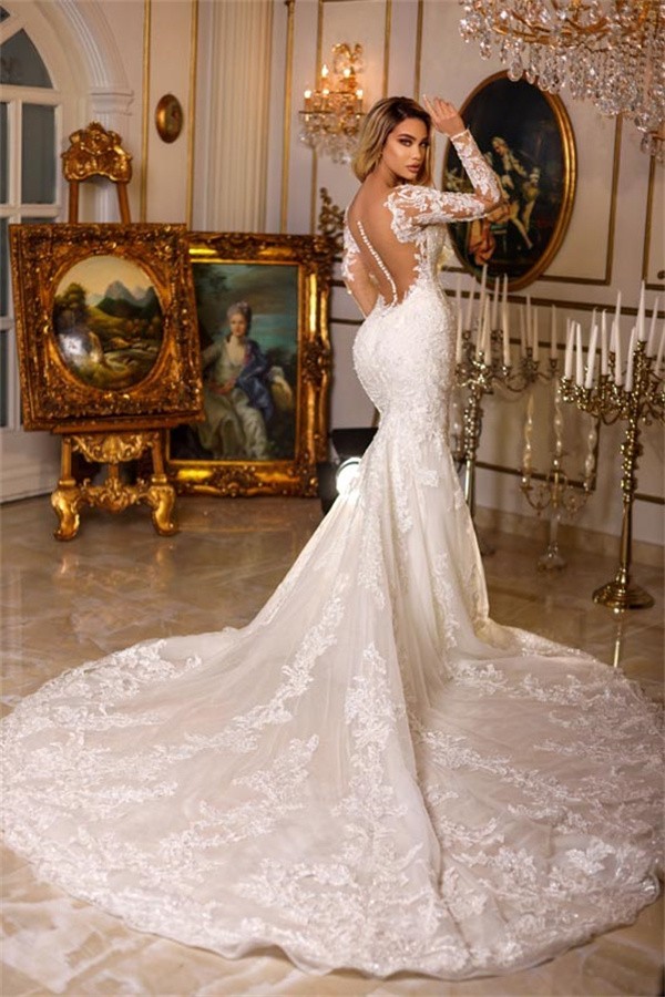 Bmbridal Long Sleeves Lace Wedding Gown Mermaid V-Neck Online-BMbridal