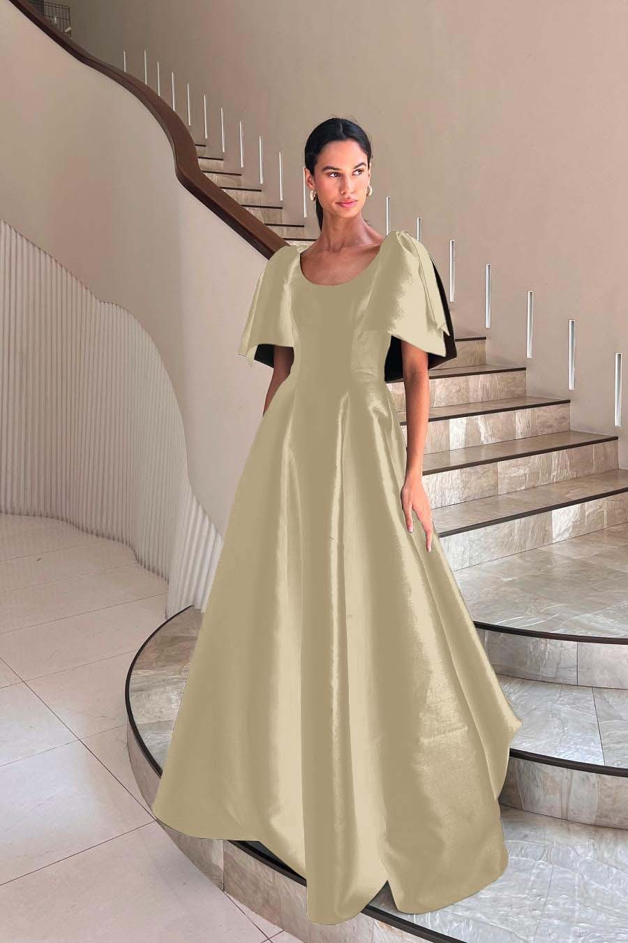 Jewel Neck Short Sleeves Long A Line Prom Dress With Pleated
