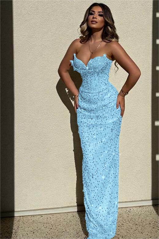 Chic Sequins Strapless Sleeveless High Waist Long Prom Dress With Beadings
