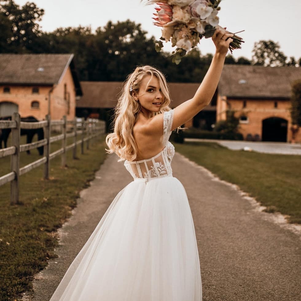 Bmbridal Off-the-Shoulder Tulle Wedding Dress Boho Lace Long-BMbridal