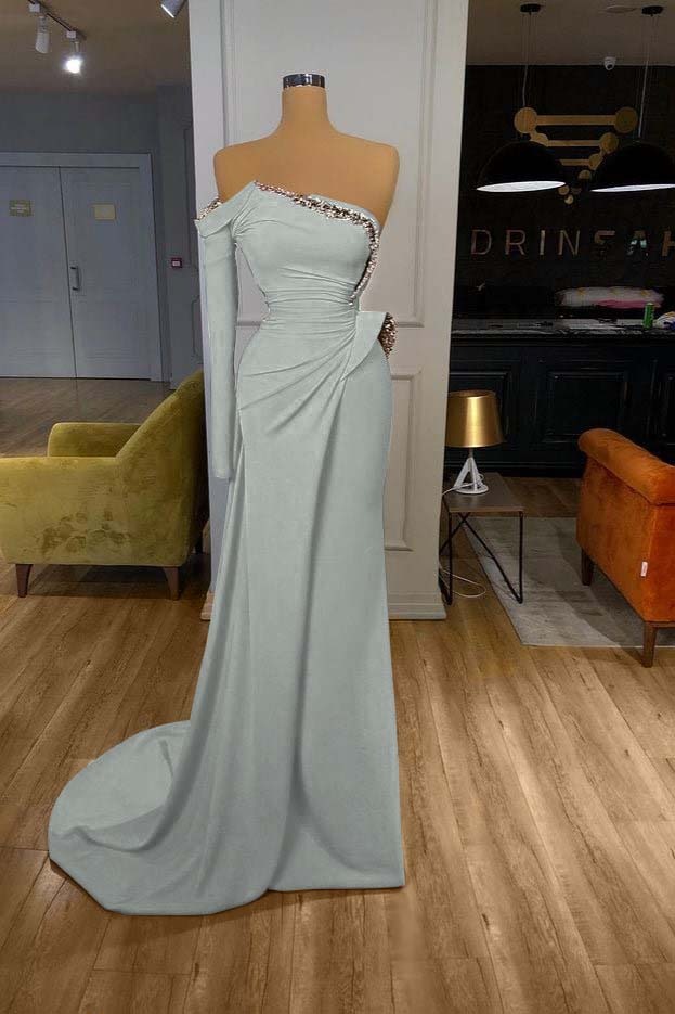 Orange Long Sleeves Sequins Long Pleated Mermaid Prom Dress With Beadings