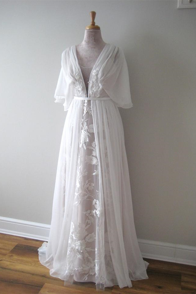 V-Neck Chiffon A-Line Lace Boho Wedding Dress with Belt