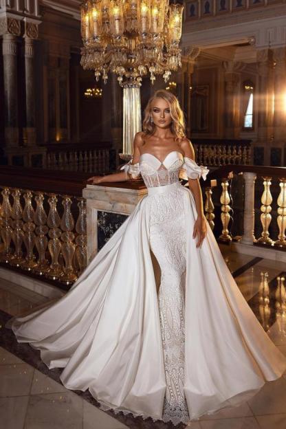 Modest Lace Floor-Length Satin Off-The-Shoulder A-Line Wedding Dress with Sweetheart Appliques