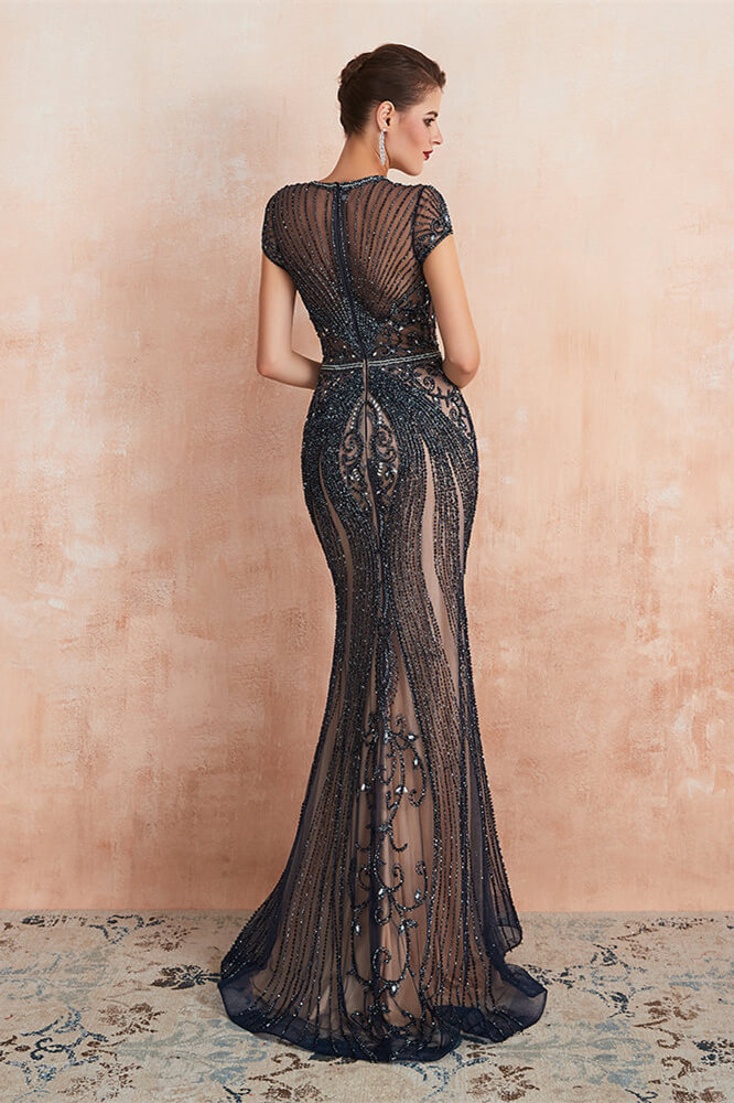 Elegant Short Sleeve Jewel Neck Mermaid Prom Dress With Beading