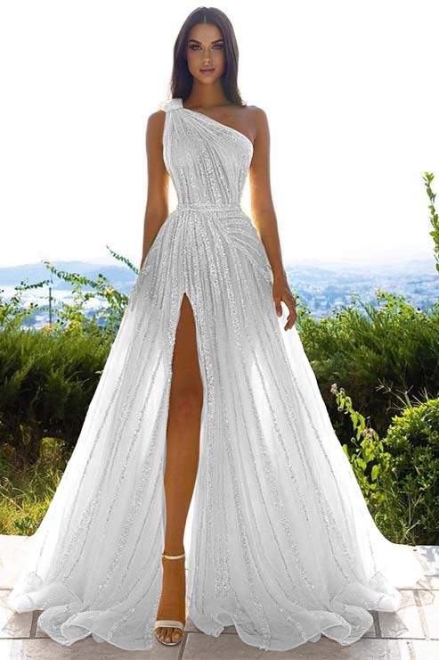 Tulle Sequins One Shoulder A Line Long Prom Dress Daffodil With Front Split