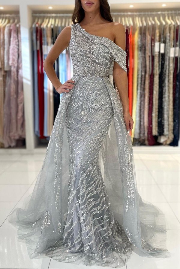 Bmbridal Silver Grey One Shoulder Prom Dress Overskirt With Sequins Beadings