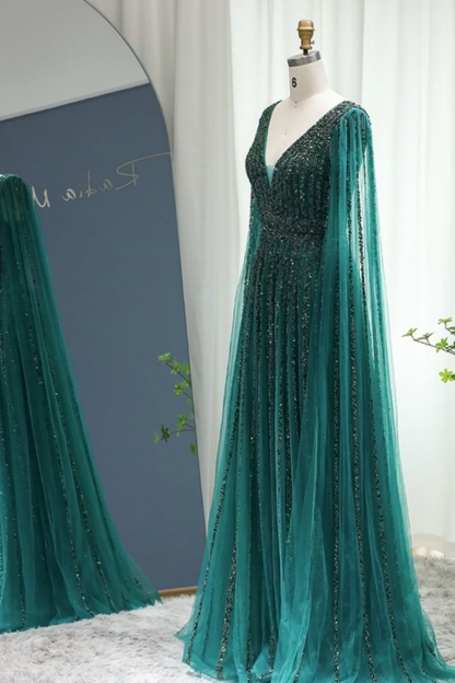 Bmbridal Peacock Tulle V-Neck Sleeveless Floor-Length Prom Dresses with Beadings