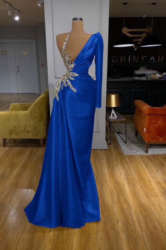 Charming Mermaid Yellow long Sleeves Pleated Long Prom Dress With Beadings