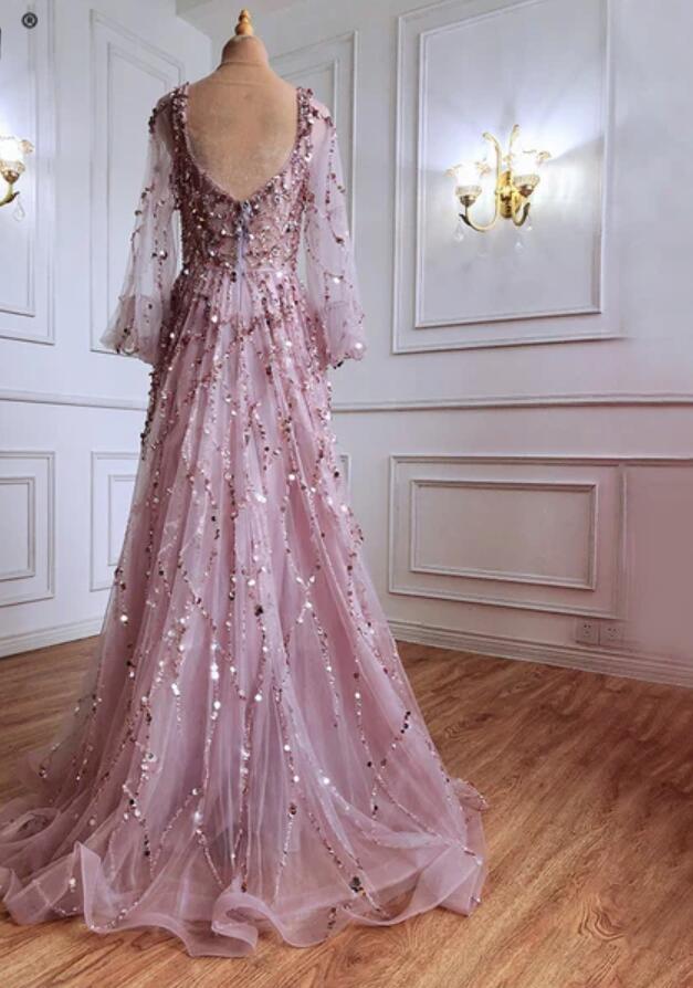 Bmbridal Gold Long Sleeves Prom Dress V-Neck With Sequins Appliques