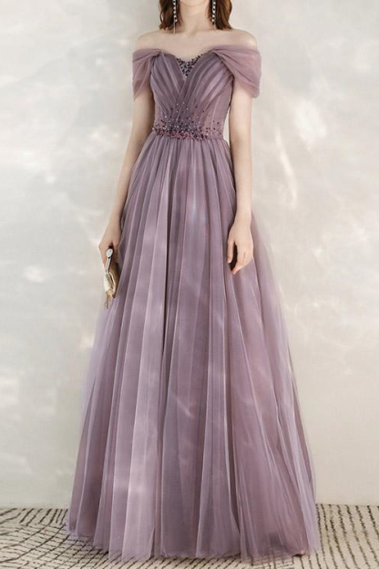 Elegant Infinity Tulle Off the Shoulder Sweetheart Long Prom Dress With Sequins